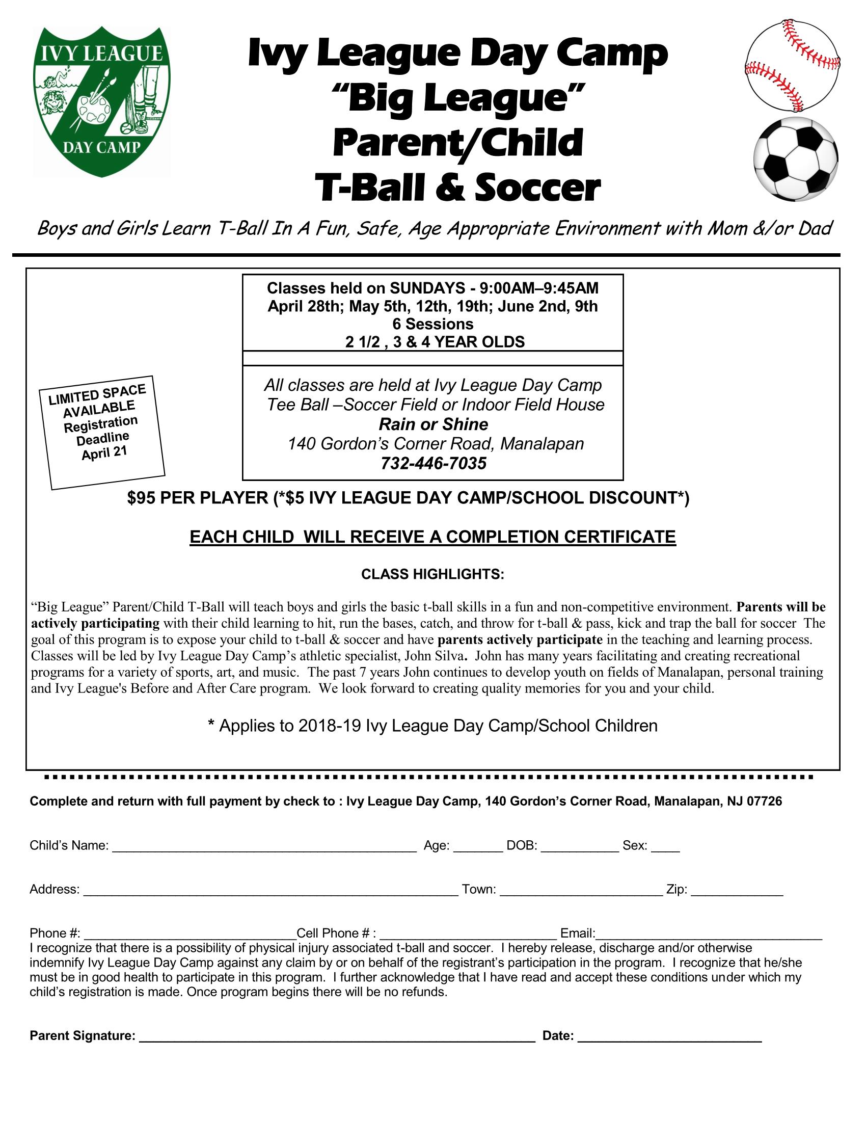 Click here for Parent/Child T-Ball & Soccer Flyer - Ivy League Day Camp